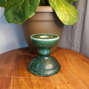 Vintage Gail Pittman Pottery Candle Holder Green Drip Glaze Signed 1982‎